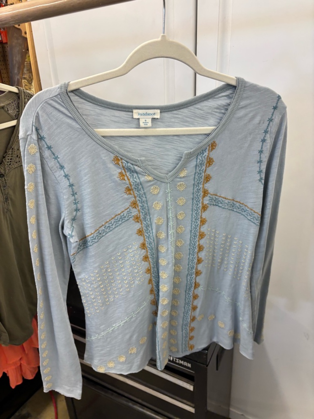 Sundance Light Blue Embroidered V-Neck Long Sleeve Top with Gold & Cream Accents